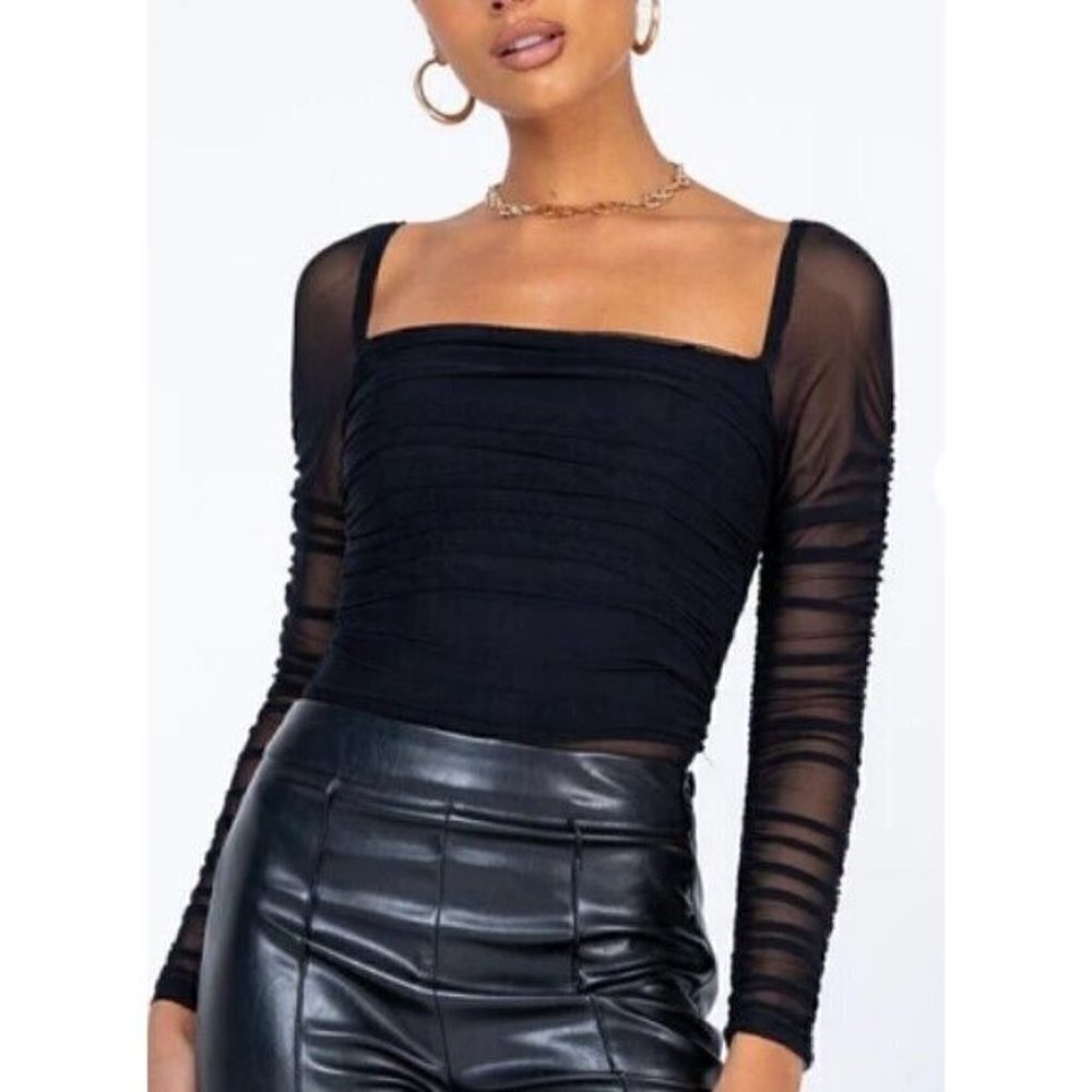 NWOT Princess Polly Delany Bodysuit Womens 0 Black Mesh Long Sleeve Padded Cups